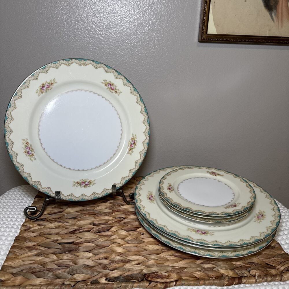 Meito China Japan Hand Painted Plates Set 7 Floral Gold Rim 4 Dinner 3 Salad VTG